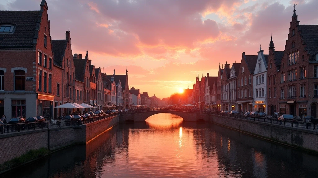 Sonnenuntergang ueber den historischen Grachten von Gent an der Graslei und Korenlei