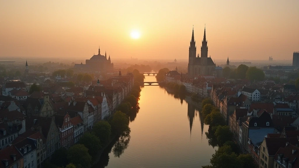 Luftaufnahme der mittelalterlichen Skyline von Gent mit Gravensteen und Kathedrale zur goldenen Stunde