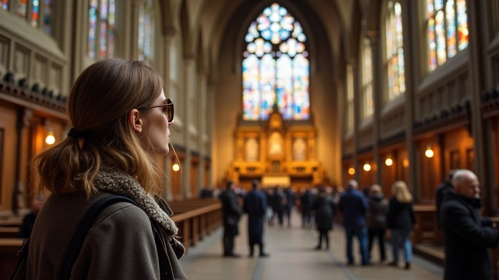 Stilvolle Reisende bewundert den Genter Altar in der Sint-Baafskathedrale in Gent