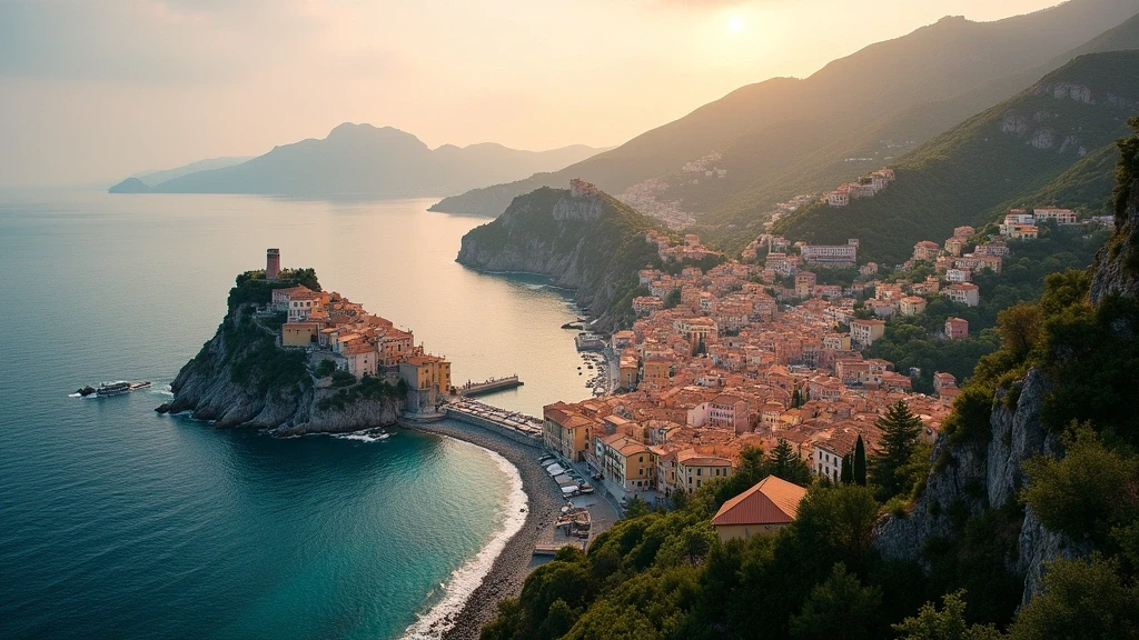 Dramatische Luftaufnahme der ligurischen Küste und historischen Hafens von Genua zur goldenen Stunde