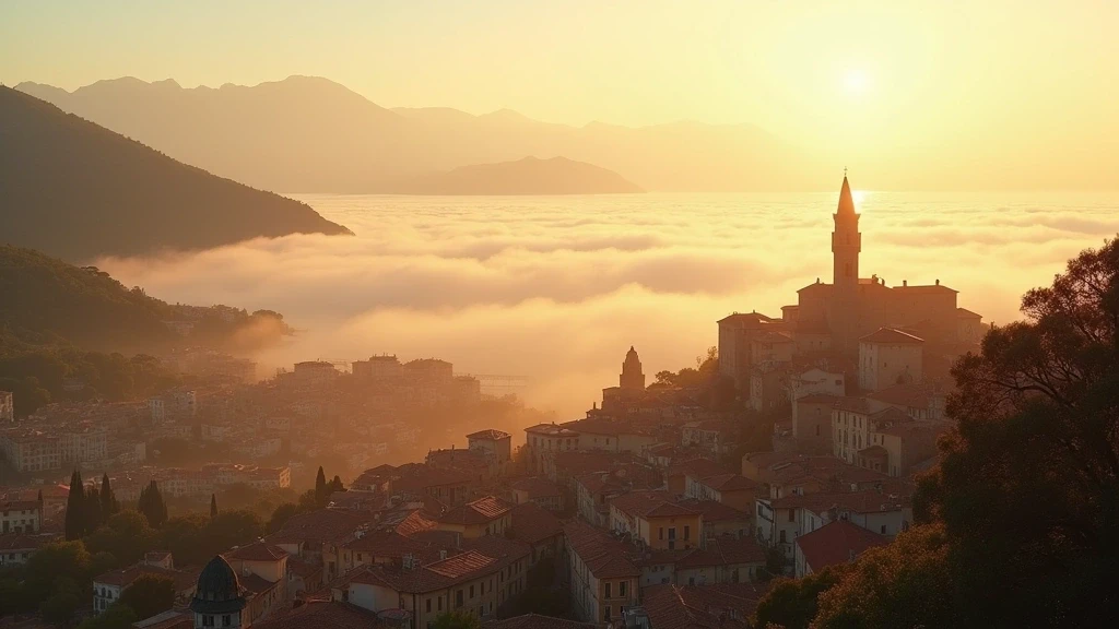 Panoramablick von Monte Fasce auf Genua und die ligurische Küste bei Sonnenaufgang