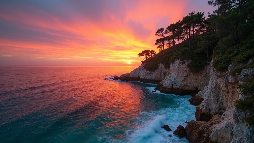 Sonnenuntergang über dem Ligurischen Meer von den Nervi-Klippen in Genua