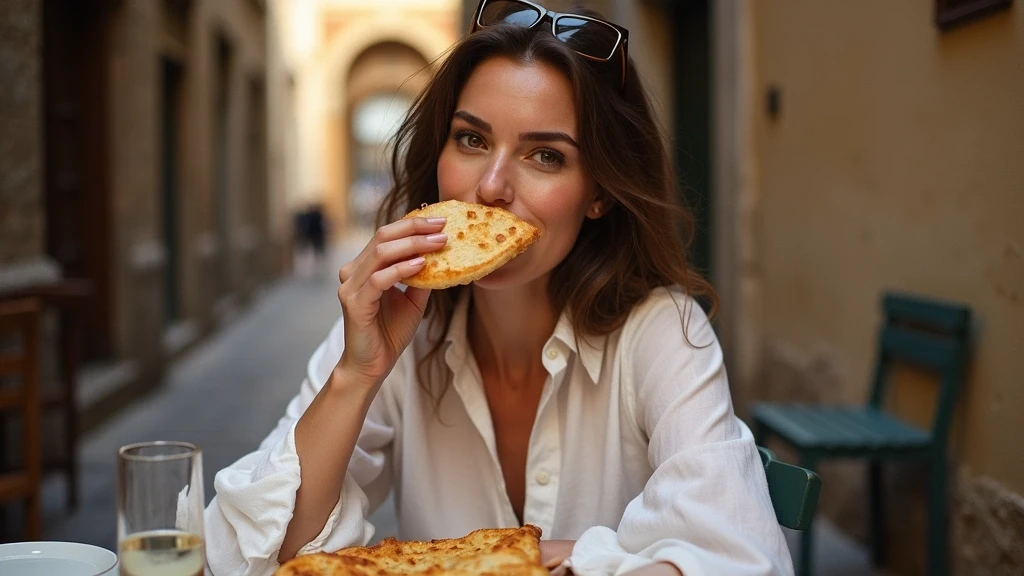 Elegante Frau genießt Focaccia in einer Trattoria in den Genueser Gassen