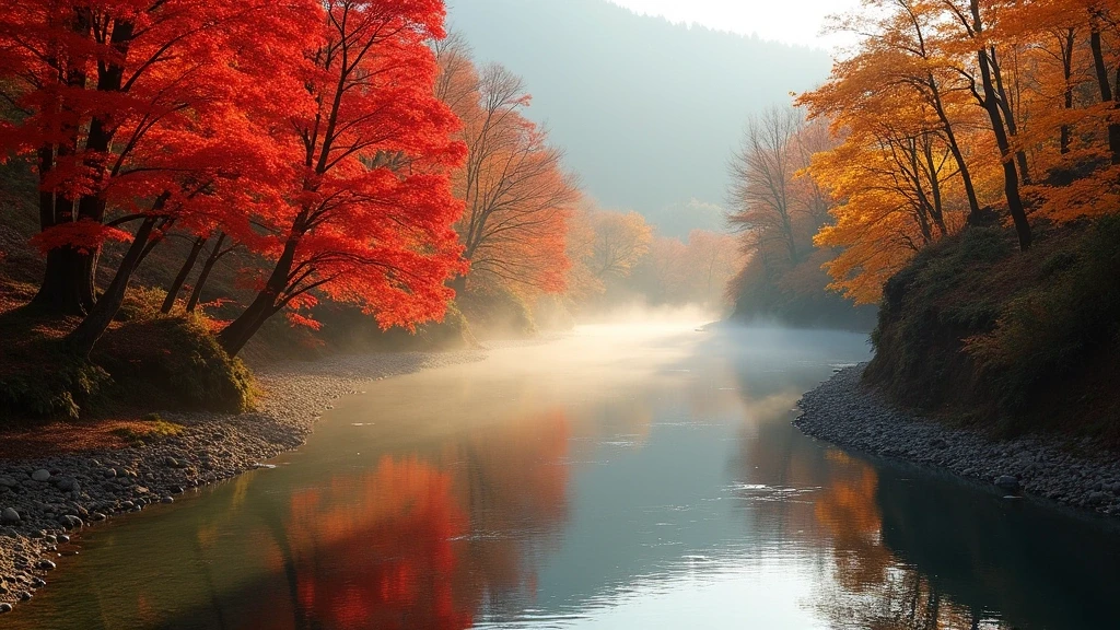 Herbstlaub an der Hida-Fluss in Gero Onsen mit Spiegelungen und Nebel