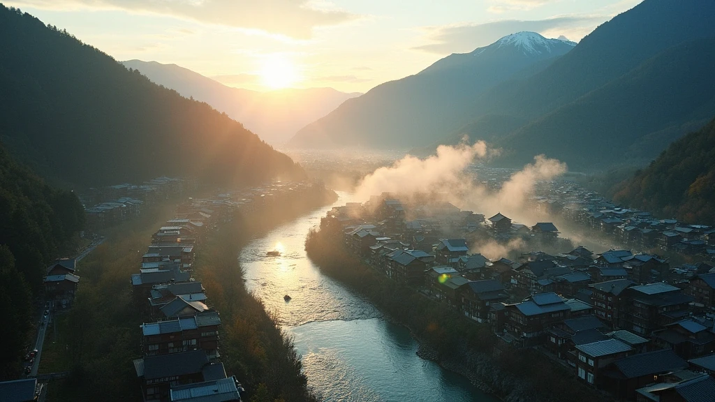 Dramatische Luftaufnahme von Gero Onsen im Hida-Gebirge zur goldenen Stunde mit heissen Quellen