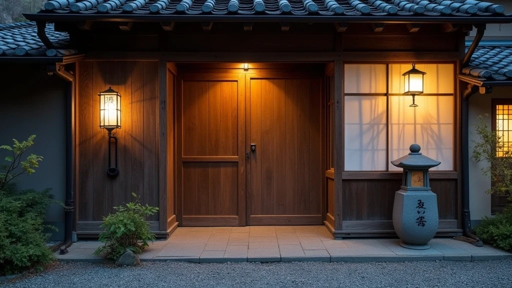 Traditioneller Ryokan-Eingang mit Noren-Vorhang und Steinlaterne in Gero Onsen