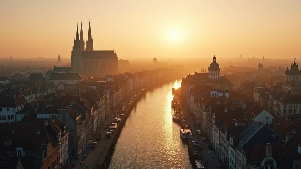 Luftaufnahme der mittelalterlichen Skyline von Gent mit den drei Türmen zur goldenen Stunde