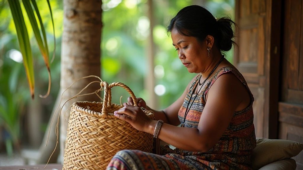 Lokale Sasak-Frau flechtet traditionellen Korb auf der Veranda von Gili Air