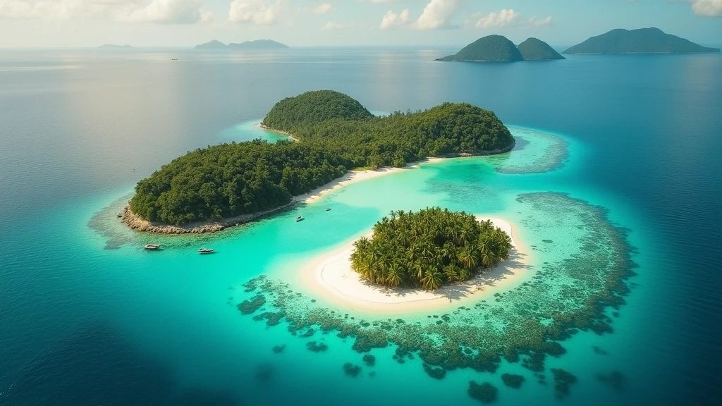 Luftaufnahme der drei autofreien Gili-Inseln mit tuerkisfarbenen Lagunen und weissen Sandstraenden in Indonesien