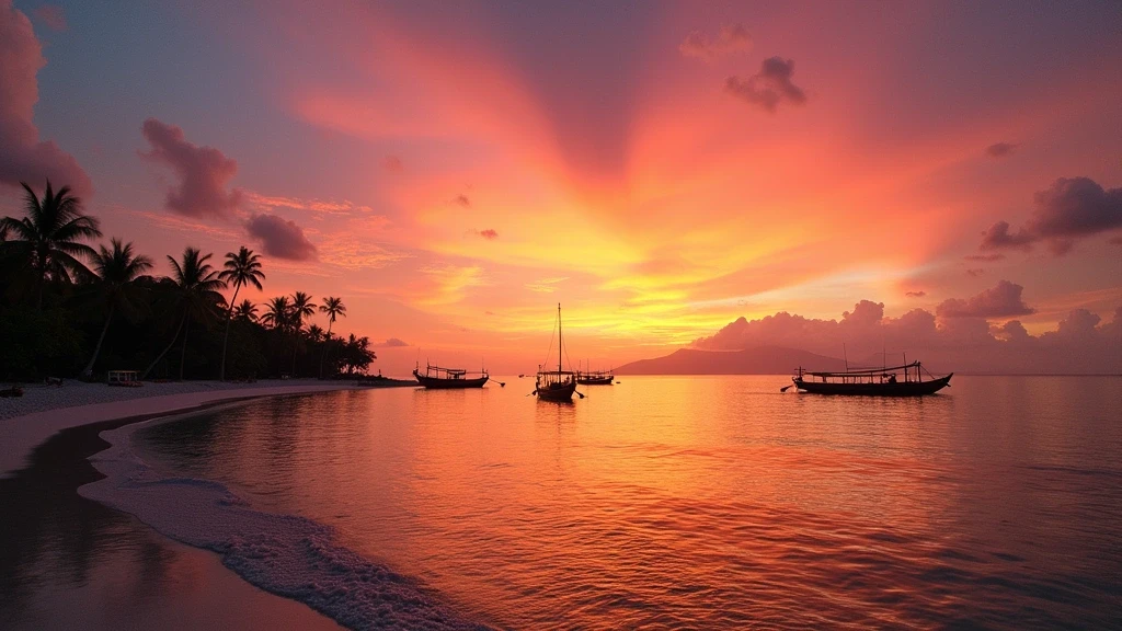 Sonnenuntergang ueber Gili-Inseln mit traditionellen Fischerbooten und Palmen am Strand