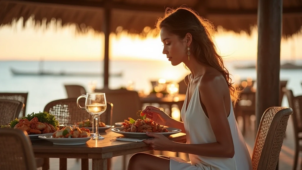 Elegante Frau geniesst Meeresfruechte-Platte am Strandrestaurant auf Gili-Inseln bei Sonnenuntergang