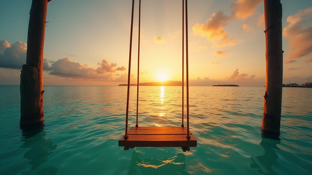 Goldene Stunde am beruehmten Schaukel-ueber-Wasser auf Gili Trawangan bei Sonnenuntergang