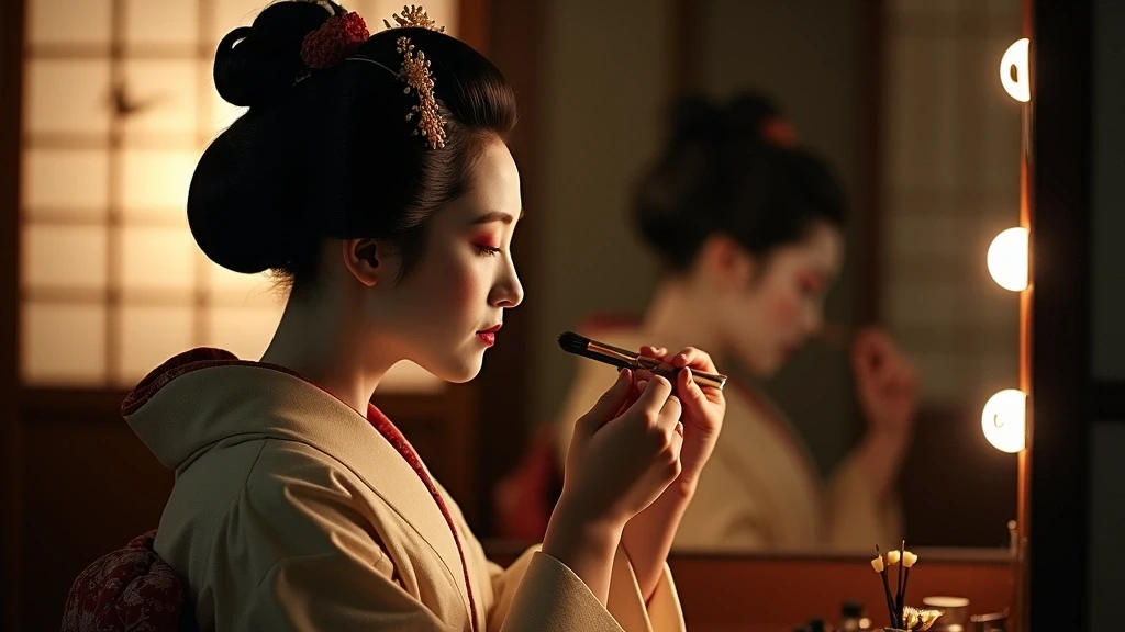 Geisha beim traditionellen Schminken im Gion-Viertel von Kyoto, intimer Moment hinter den Kulissen