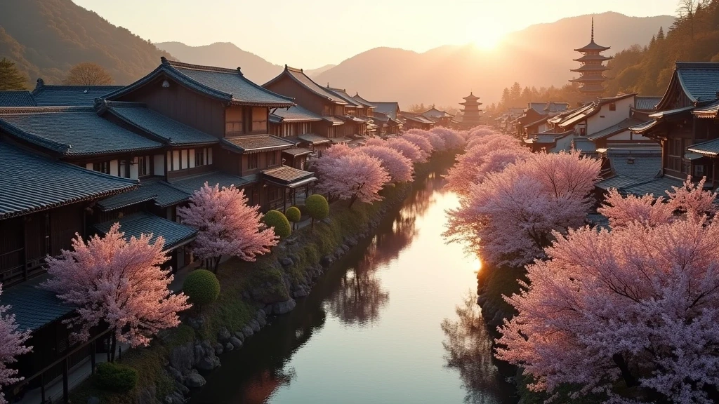 Luftaufnahme des historischen Gion-Viertels in Kyoto mit traditionellen Holzhaeusern entlang des Shirakawa-Flusses zur goldenen Stunde