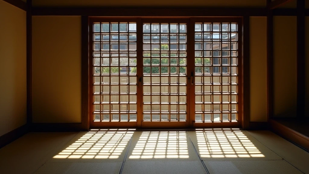 Traditionelles japanisches Gitterfenster (Koshi) mit Schattenspiel in einem Machiya-Haus im Gion-Viertel