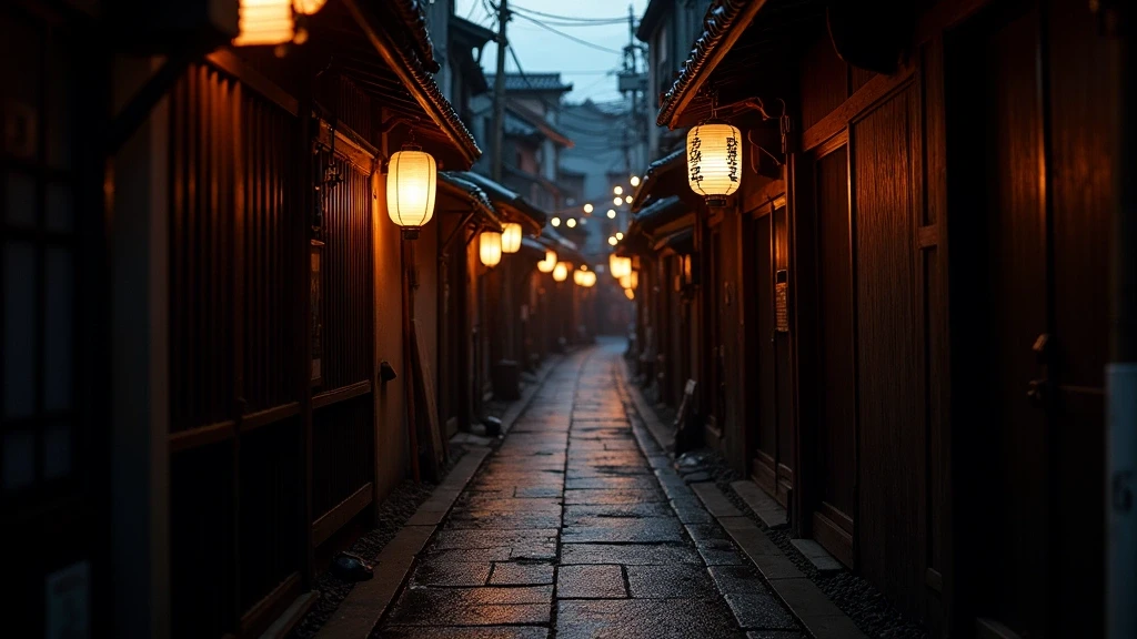Versteckte Gasse im Gion-Viertel von Kyoto bei Daemmerung mit traditionellen Papierlaternen
