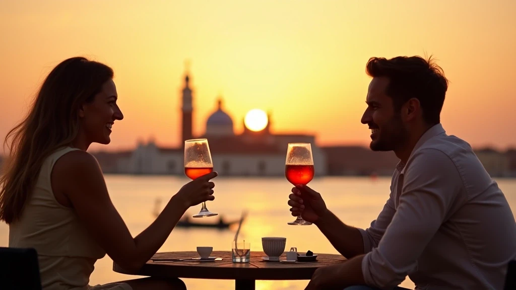 Paar genießt Aperol Spritz auf einer Hotelterrasse auf Giudecca bei Sonnenuntergang