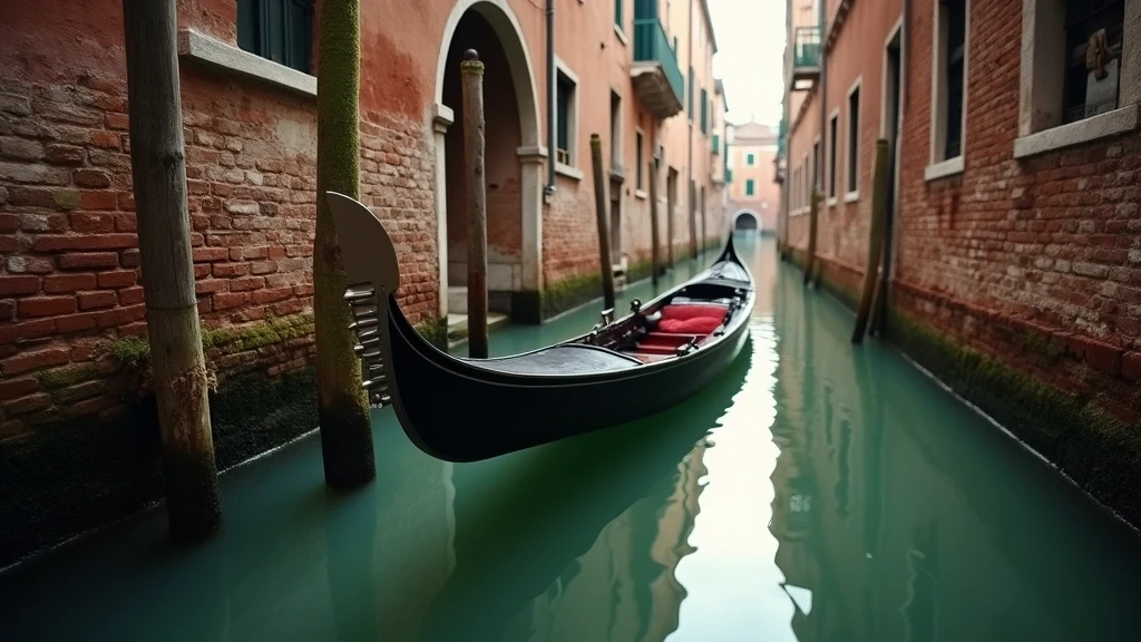 Gondel an einem Holzpfosten in einem ruhigen Seitenkanal auf Giudecca in Venedig