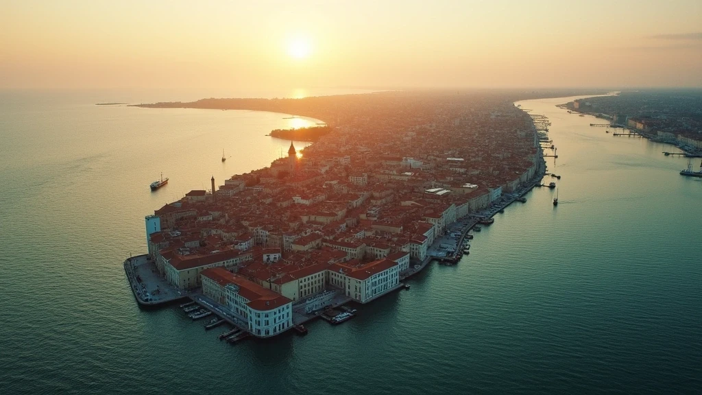 Luftaufnahme der Insel Giudecca in Venedig zur goldenen Stunde mit historischen Palazzi und Kanälen