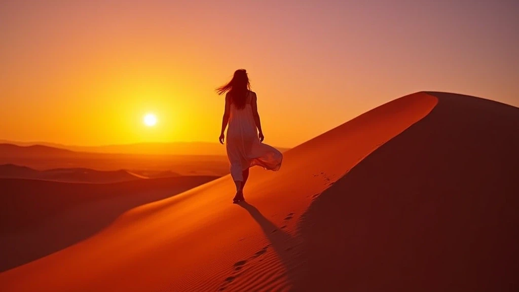Frau in Leinenkleidung läuft barfuß auf einer Sanddüne in der Gobi-Wüste bei Sonnenuntergang