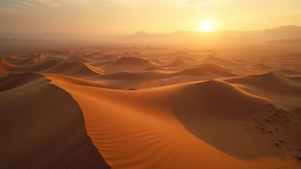Breathtaking aerial view of the vast Khongoryn Els sand dunes in the Gobi Desert, Mongolia, during golden hour