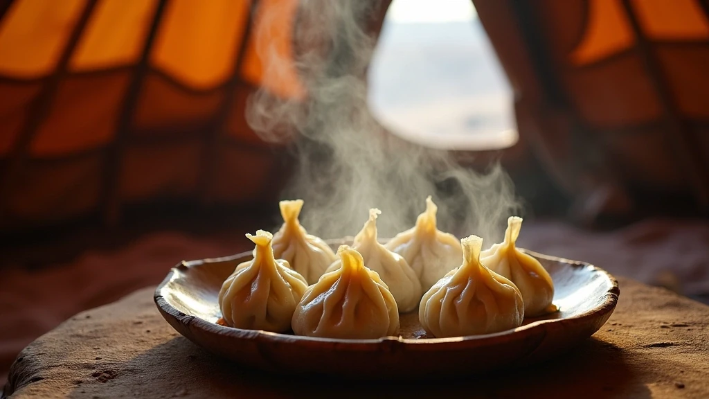 Traditionelle mongolische Buuz-Dumplings auf einem rustikalen Tisch in einer Ger-Jurte in der Gobi-Wüste