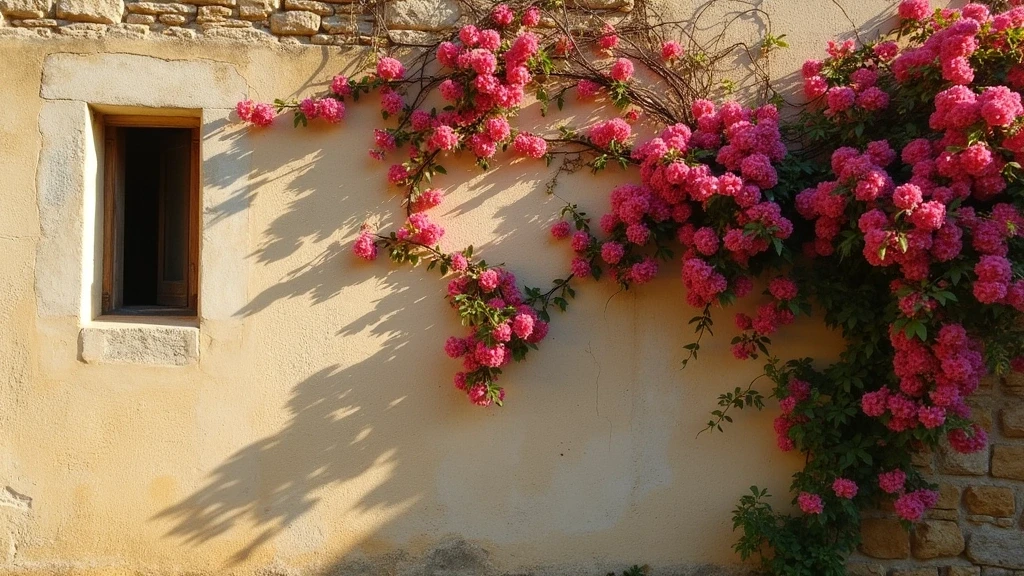 Texturen verwitterter Kalksteinmauern mit Bougainvillea in Gordes