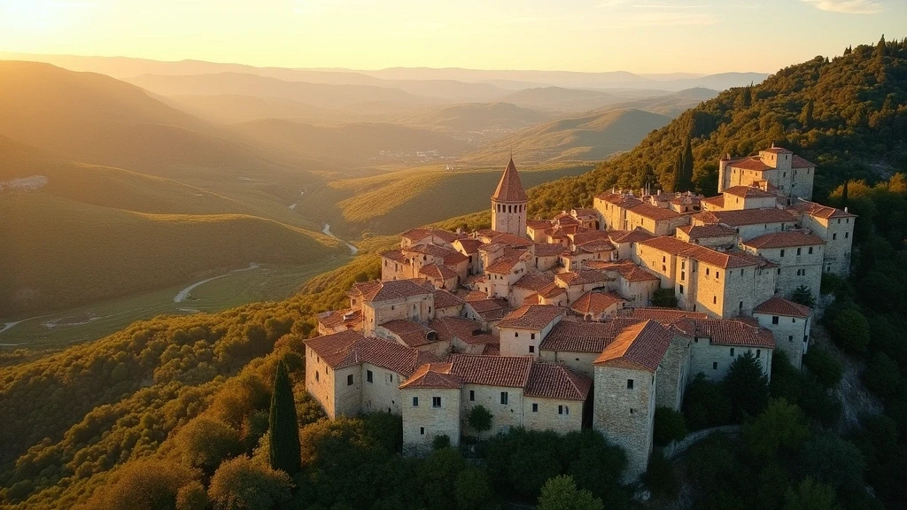 Luftaufnahme des ikonischen Huegeldorfes Gordes im Luberon zur goldenen Stunde