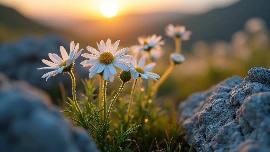 Edelweiss-Blumen mit Morgentau auf Granitfelsen im Gorkhi-Terelj Nationalpark
