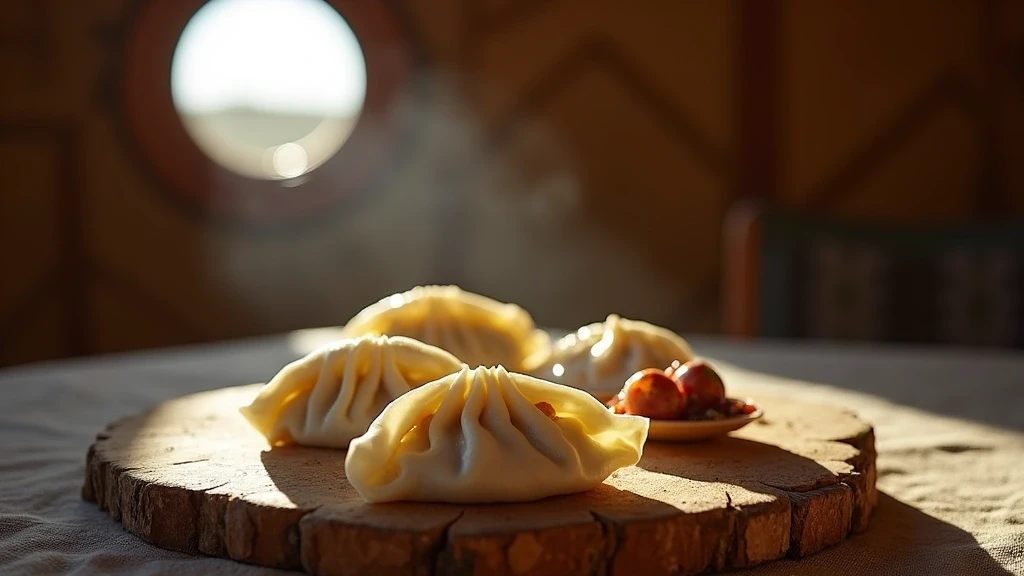 Traditionelle mongolische Buuz-Dumplings in einem luxurioesen Ger-Camp im Gorkhi-Terelj Nationalpark
