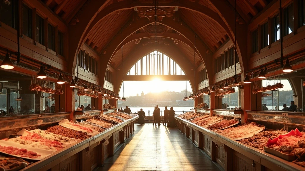 Architektonisches Detail der Fesekekoerka Fischmarkthalle in Gothenburg mit Lichteffekten
