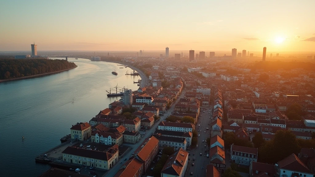 Dramatische Luftaufnahme von Gothenburgs Archipel und Skyline zur goldenen Stunde in Schweden