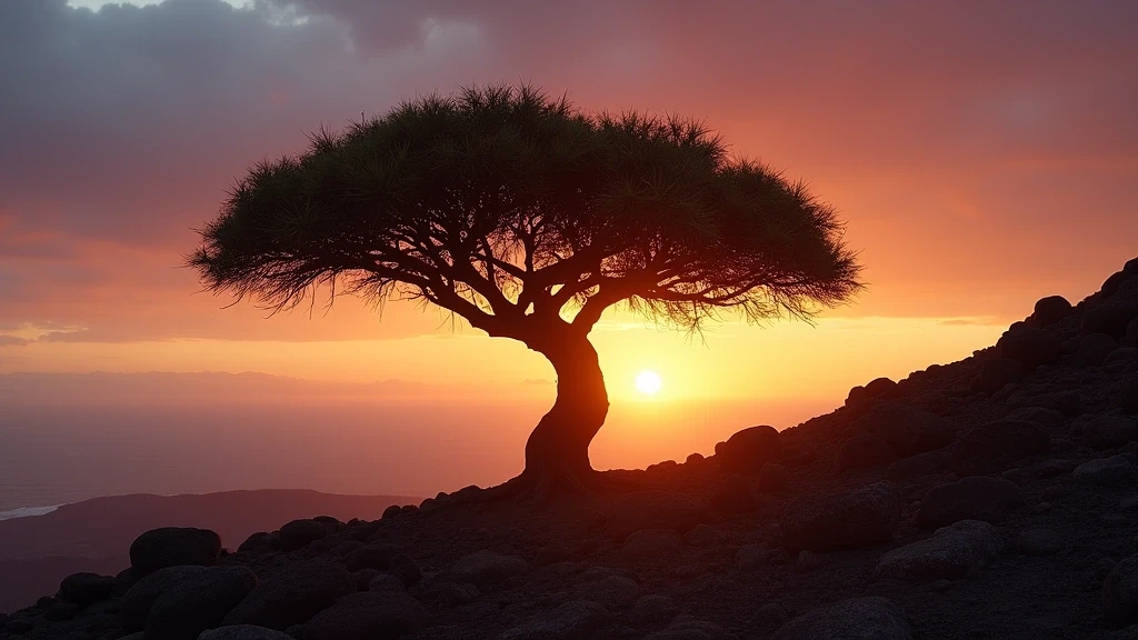 Drachenbaum-Silhouette vor Sonnenuntergangshimmel im Observatorium von Gran Canaria