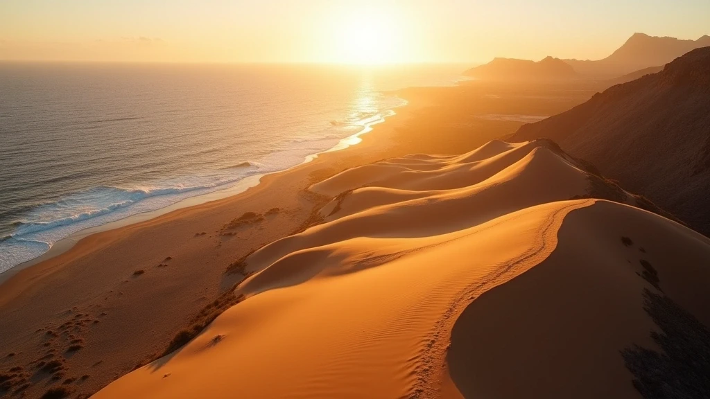 Dramatische Luftaufnahme der goldenen Sandduenen am Observatorium von Gran Canaria zur goldenen Stunde