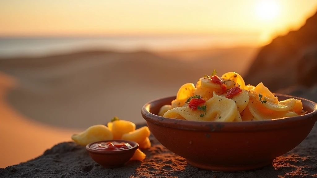 Traditionelle kanarische Papas Arrugadas mit Mojo-Sosse vor der Duenenkulisse auf Gran Canaria