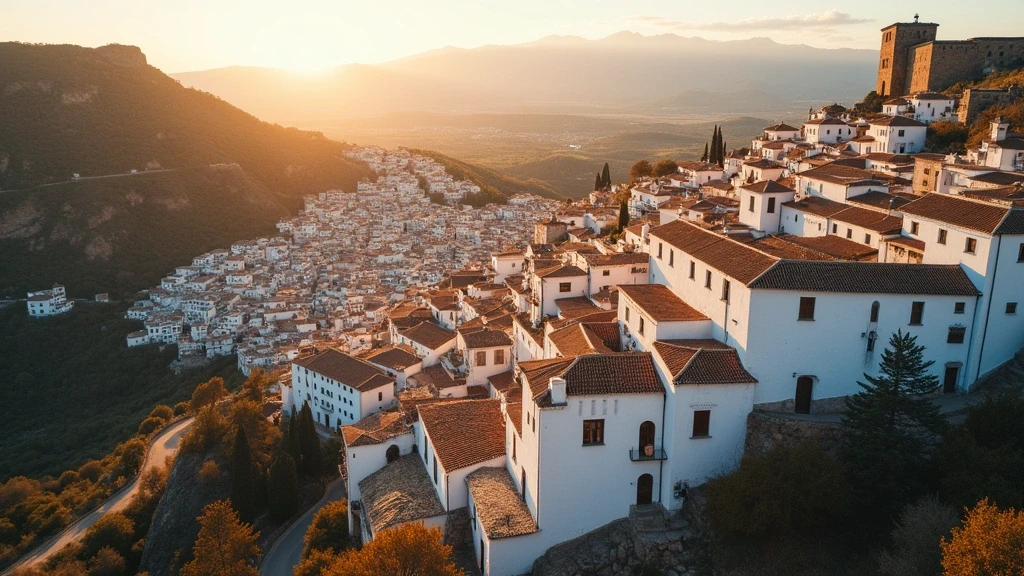 Luftaufnahme des Albaicín-Viertels in Granada mit Blick auf die Alhambra zur goldenen Stunde
