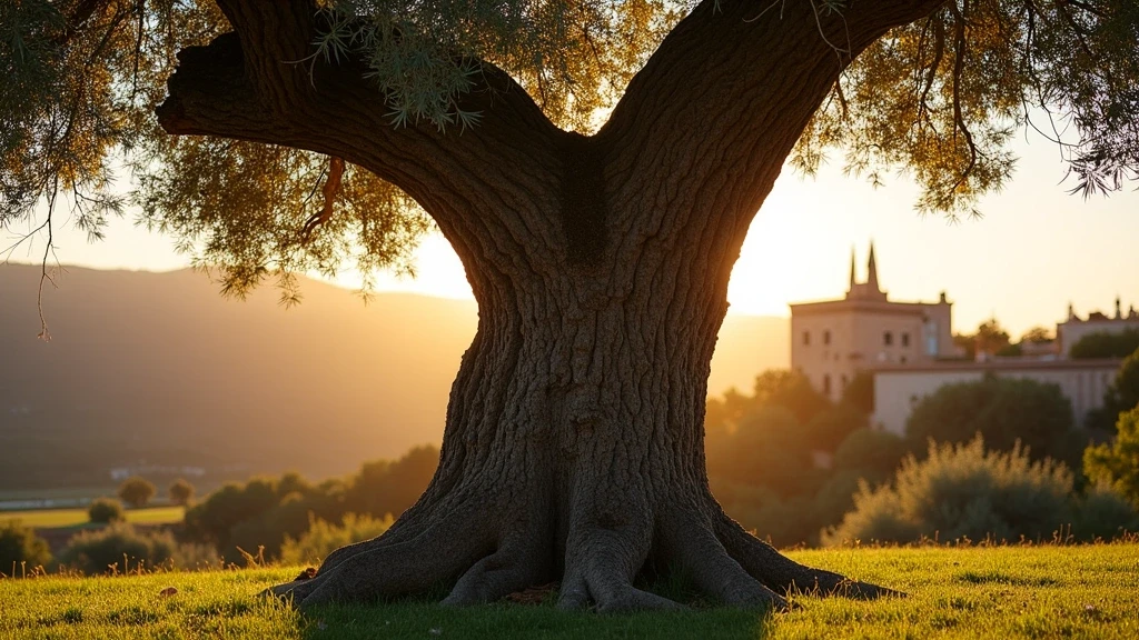 Einsamer Olivenbaum in einem privaten Garten mit Blick auf die Alhambra in Granada