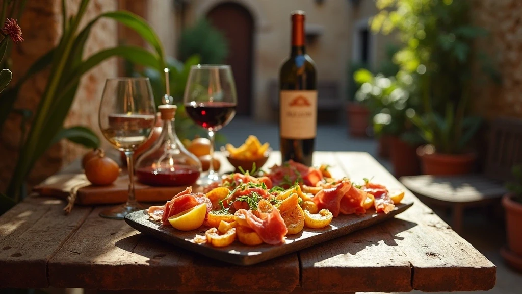 Traditionelle spanische Tapas auf einem rustikalen Holztisch in einem versteckten Innenhof in Granada