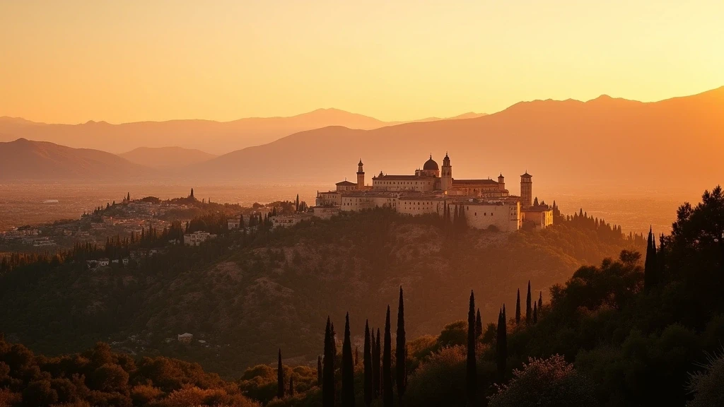 Panoramablick auf die Alhambra in Granada bei Sonnenuntergang vor der Sierra Nevada