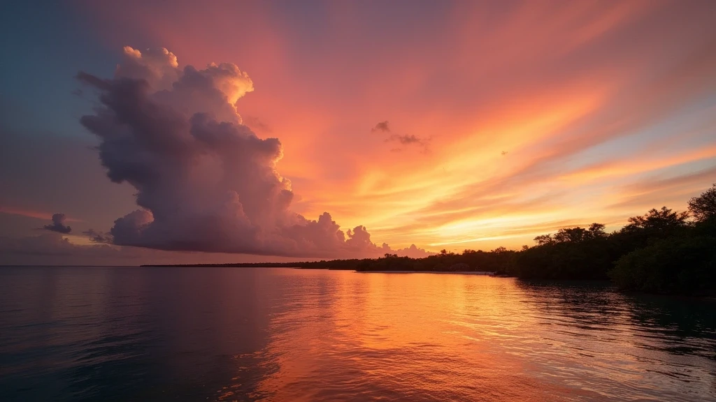 Sonnenuntergang ueber dem North Sound auf Grand Cayman mit Mangroven-Silhouetten