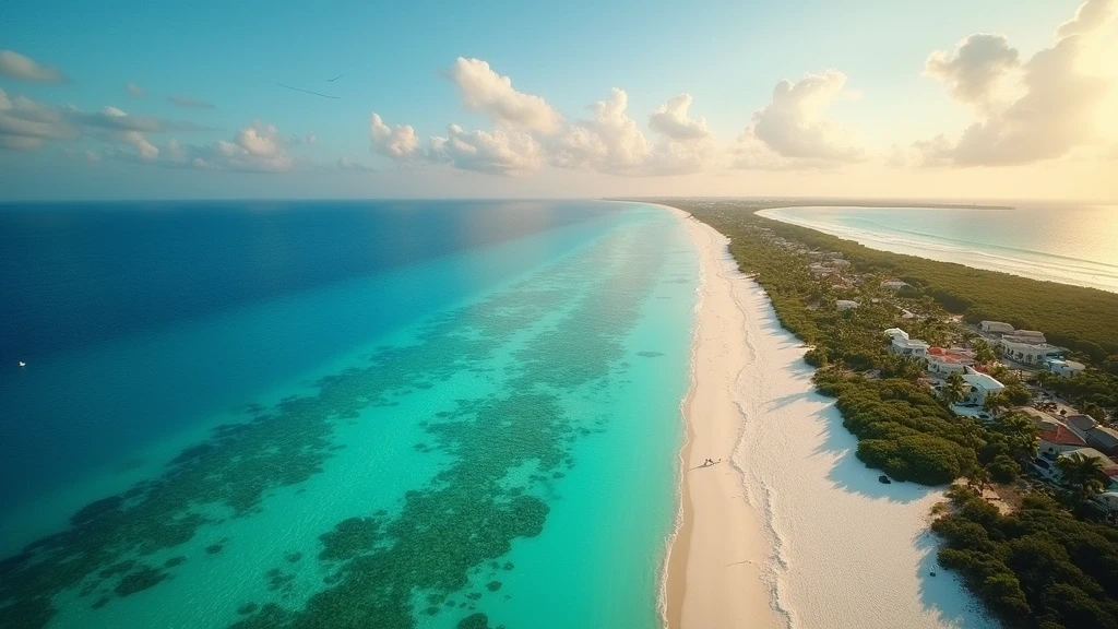 Luftaufnahme des Seven Mile Beach auf Grand Cayman zur goldenen Stunde mit tuerkisfarbenem Wasser