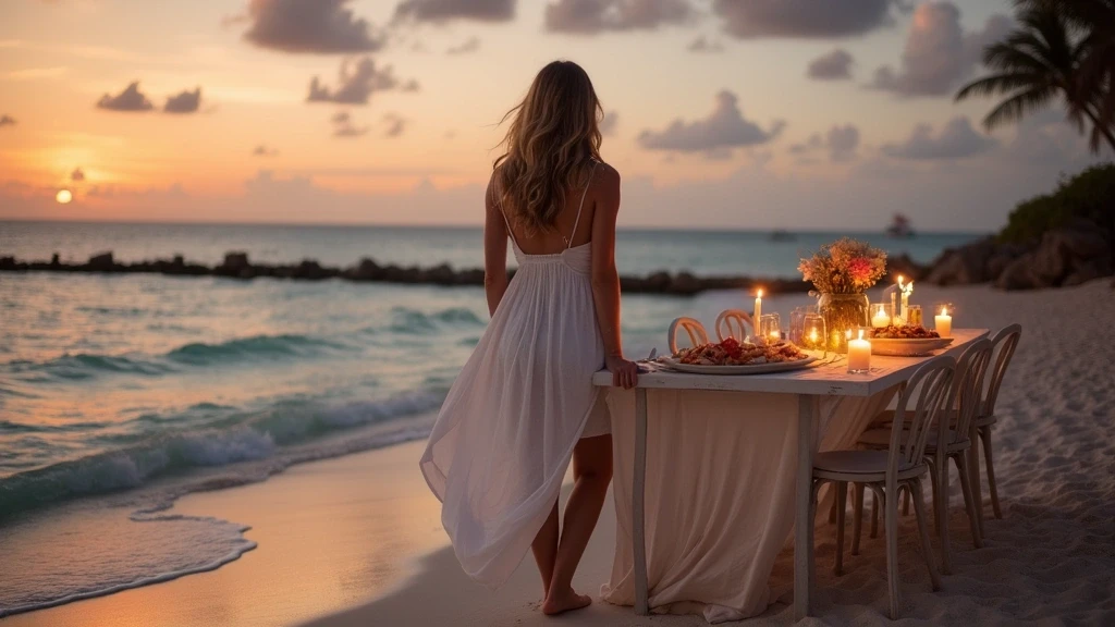 Elegante Frau geniesst Stranddinner bei Sonnenuntergang auf Grand Cayman