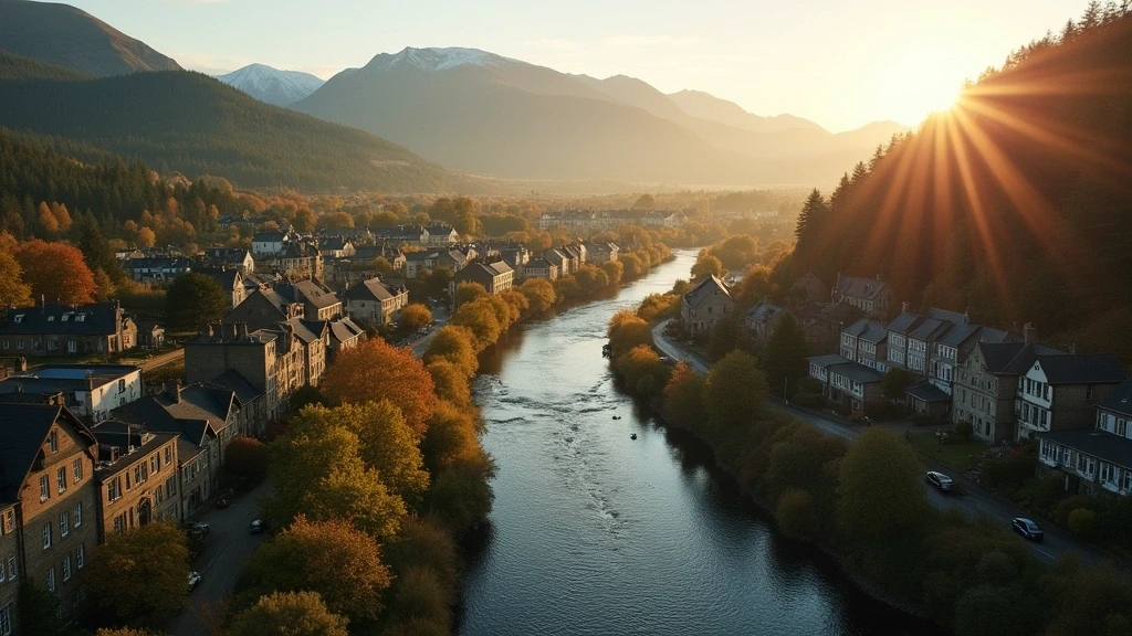 Luftaufnahme von Grantown-on-Spey in Schottland mit dem Fluss Spey und den Cairngorms zur goldenen Stunde