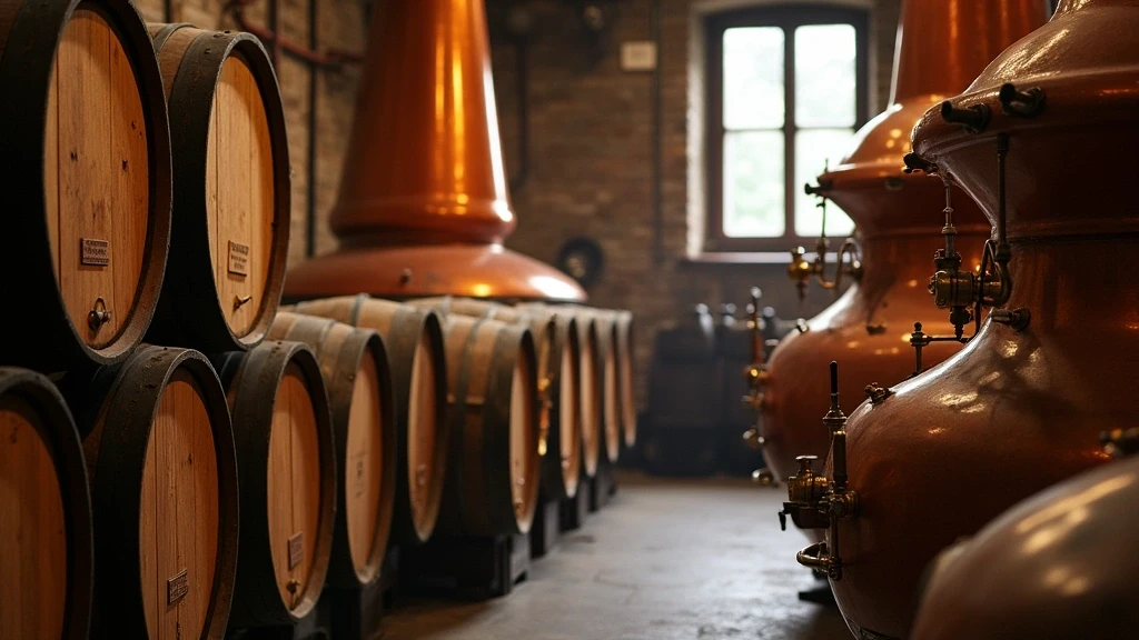 Detailaufnahme von Whisky-Fassdauben und Kupfergeraeten in einer Brennerei in Grantown-on-Spey