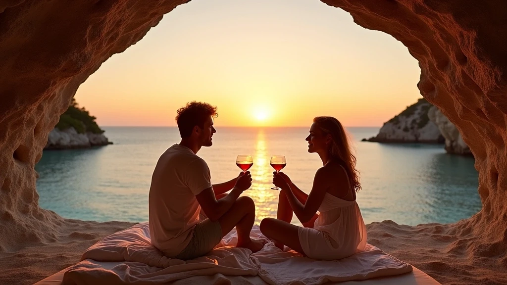 Paar geniesst Sonnenuntergang-Cocktails auf privater Hoelenterrasse im Great Barrier Reef