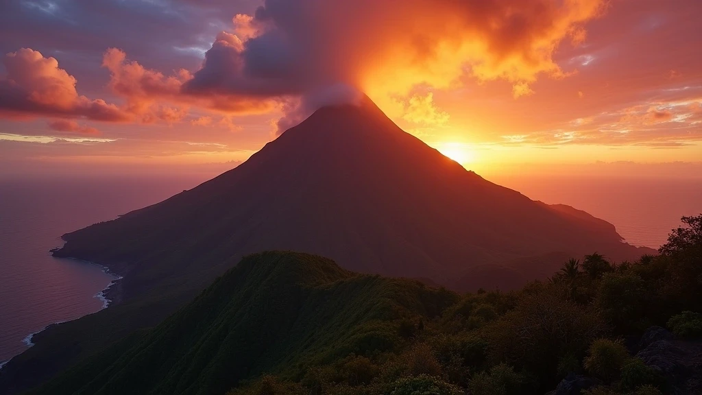 Sonnenuntergang ueber dem La Soufrière Vulkan in Grenadinen mit dramatischem Himmel
