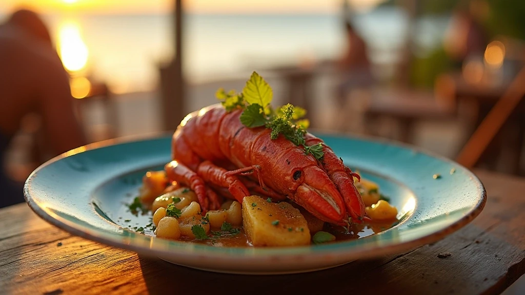 Lokales Gericht mit gegrilltem Hummer und Brotfrucht auf Bequia in den Grenadinen, kulinarische Nahaufnahme