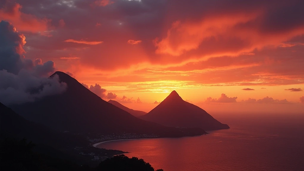 Sonnenuntergang ueber den Vulkan La Soufriere auf St. Vincent in den Grenadinen mit dramatischem Himmel