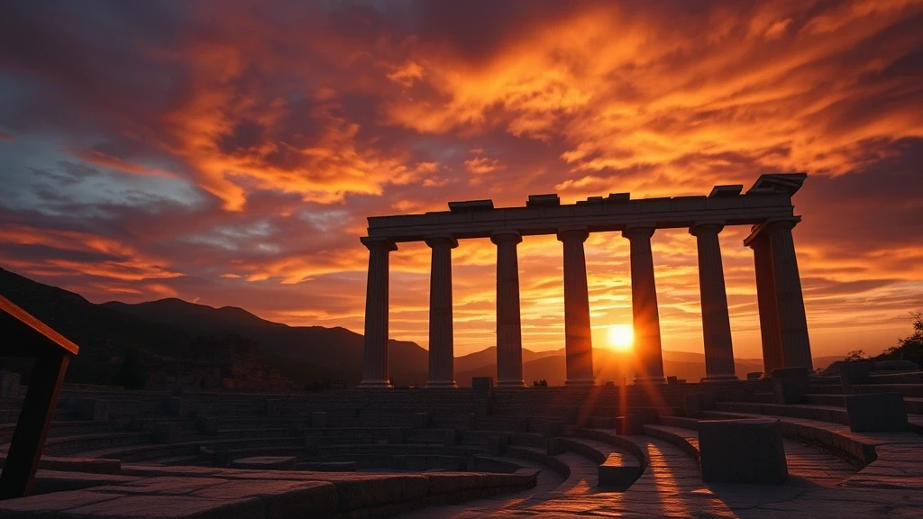 Sonnenuntergang über antiken Amphitheater-Ruinen in Griechenland mit dramatischem Himmel