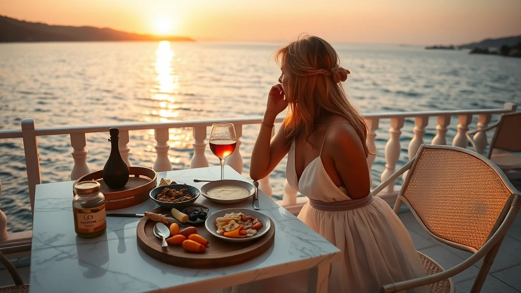 Elegante Frau genießt Sonnenuntergangs-Dinner mit griechischen Meze in Griechenland